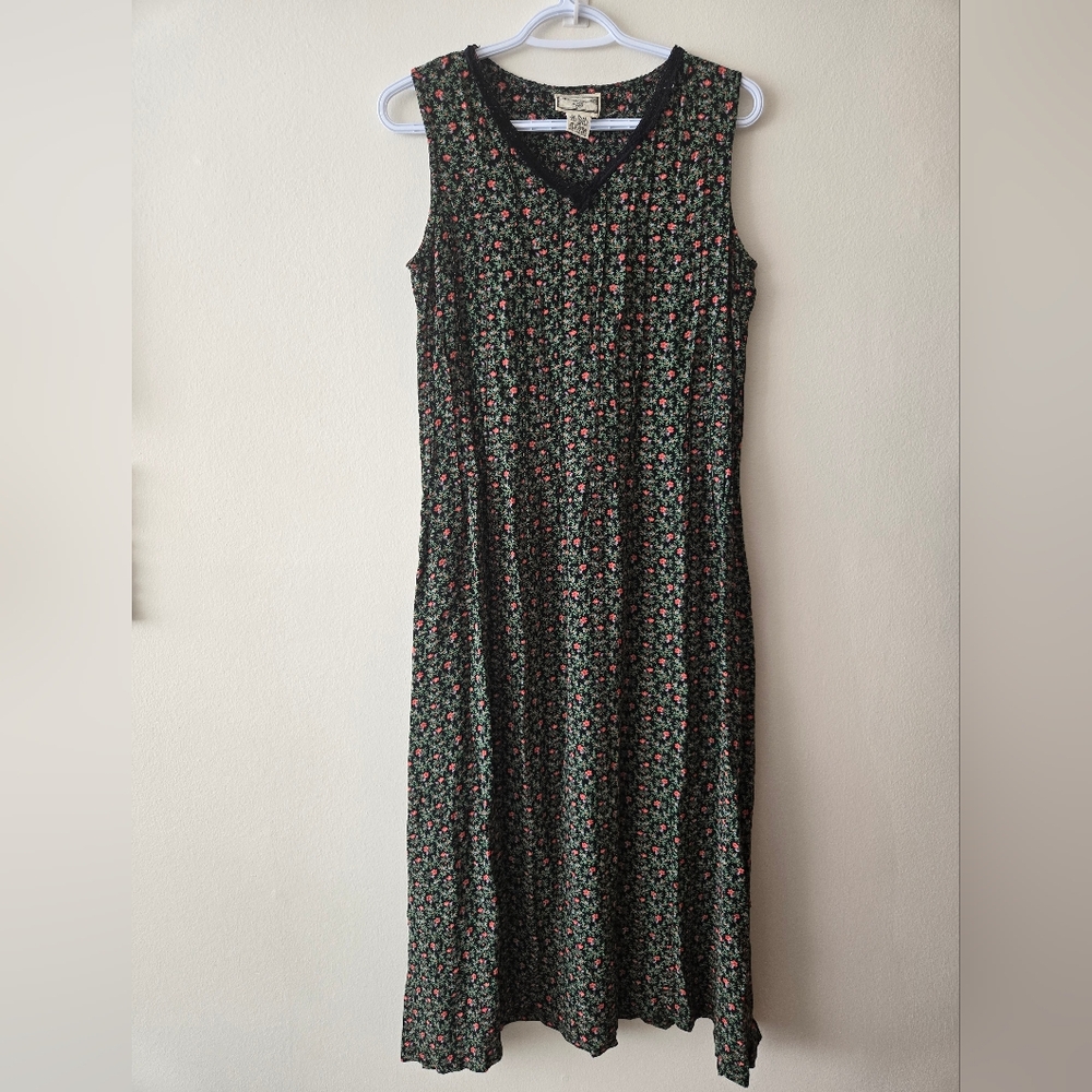 April Cornell S Black Floral Midi Sleeveless Dress With Tie At The Waist